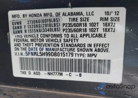 2013 Honda Odyssey Touring/Touring Elite z USA, uszkodzony, nr VIN 5FNRL5H99DB015179